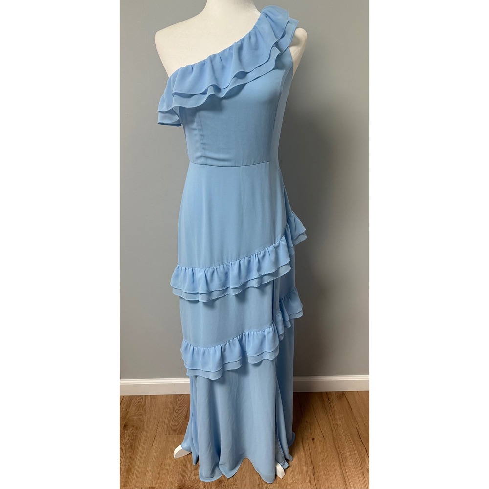 Lulus Brilliant Grace One Shoulder Ruffle Maxi Dress Sz S Light Blue High Slit